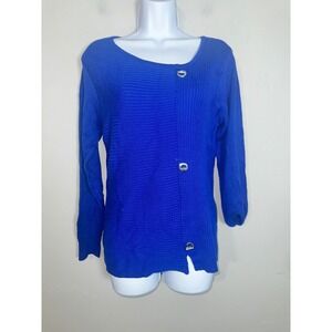 Lulu-B Royal Blue Ribbed Knit Asymmetrical Silver Ring Pullover Sweater Womens M